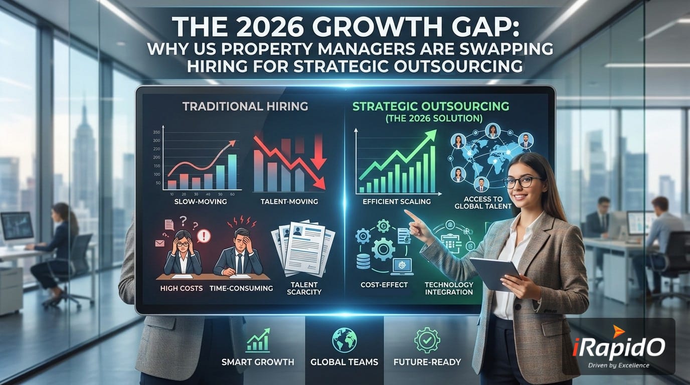 Comparison infographic of traditional hiring versus strategic outsourcing for property management back-office solutions in 2026 by iRapidO.