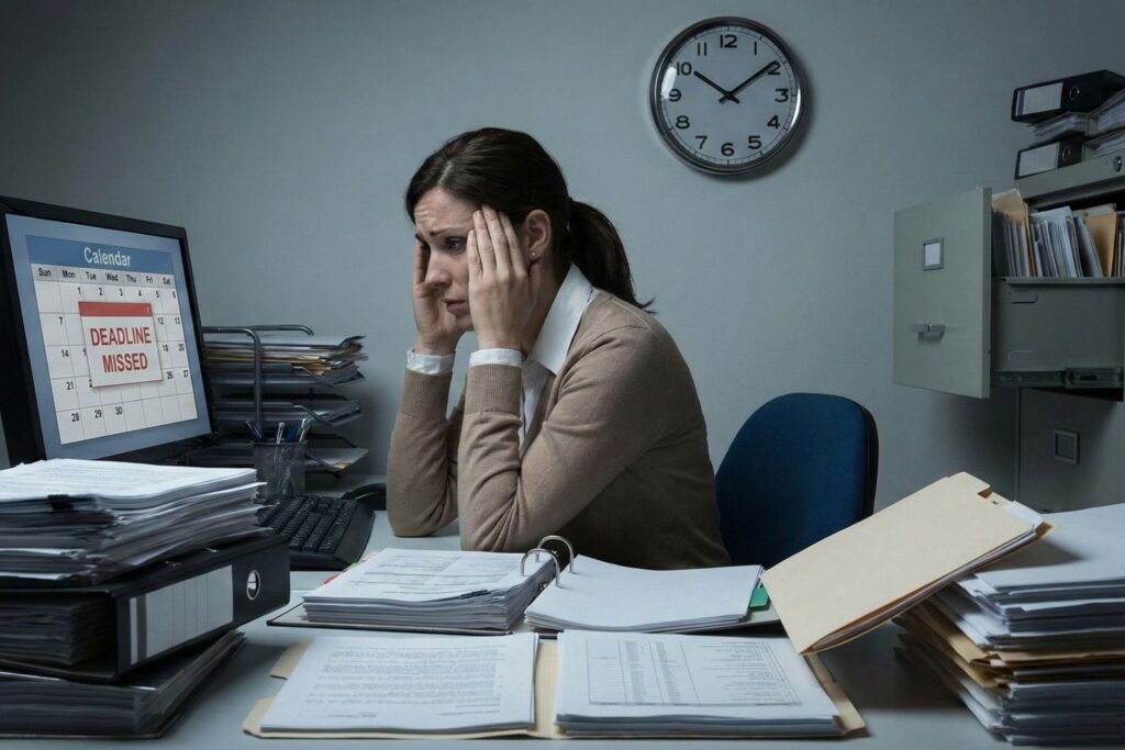 Stressed property manager overwhelmed by paperwork and missed deadlines before choosing to outsource property management.