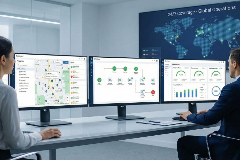 iRapidO Remote Competence Center (RCC) team monitoring property management dashboards and global operations.