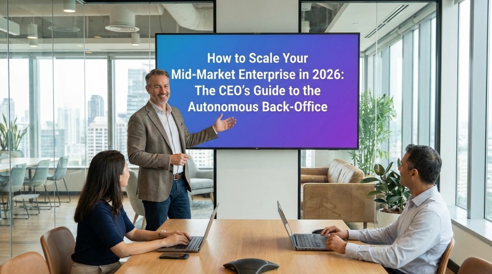 CEO reviewing autonomous back-office dashboard for mid-market enterprise scaling in 2026.
