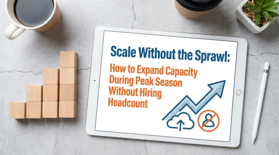 Tablet displaying a guide on how to outsource property management to scale capacity during peak season without hiring new headcount, accompanied by a wooden block growth chart.
