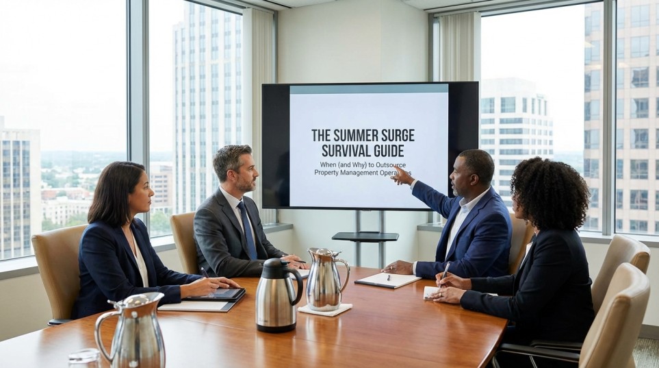 Property management team using remote support to handle summer leasing and maintenance surges.