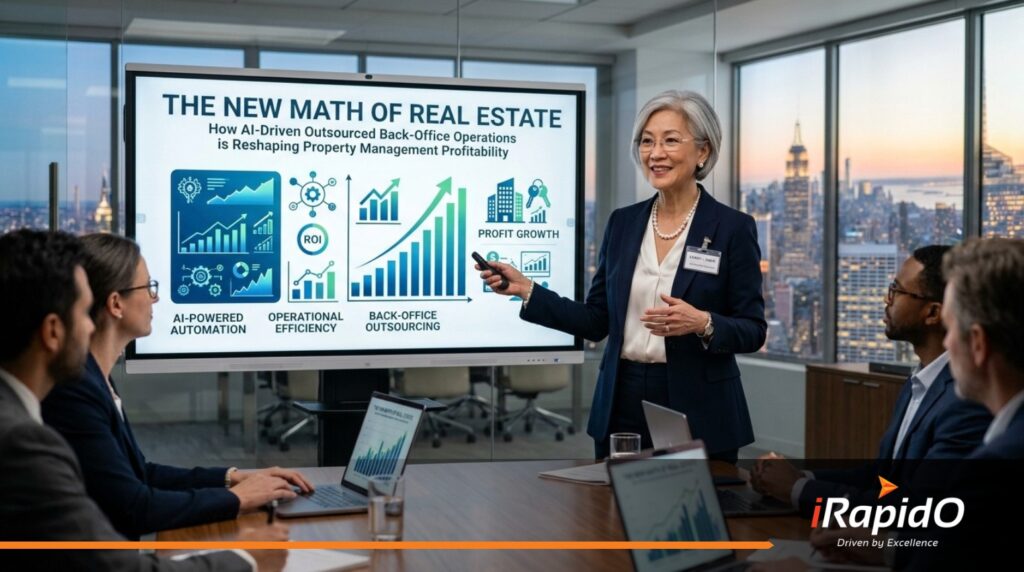 Executive presenting AI-driven property management outsourcing ROI and profit growth metrics.