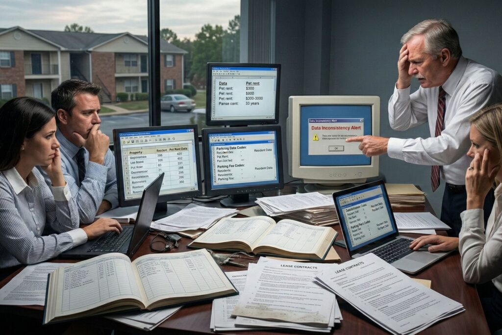 Comparison of manual property management data errors versus iRapidO optimized digital lease audit dashboard.