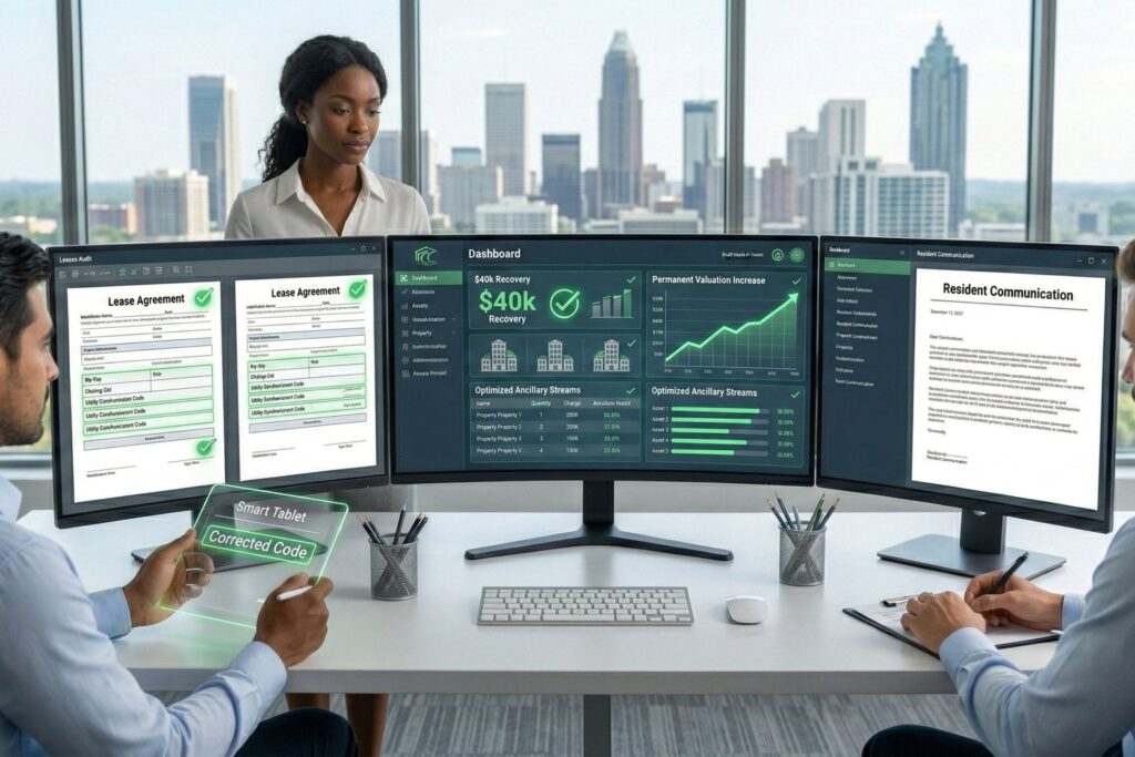 Modern corporate operations center showing a professional team reviewing AI-powered property accounting and compliance dashboards.