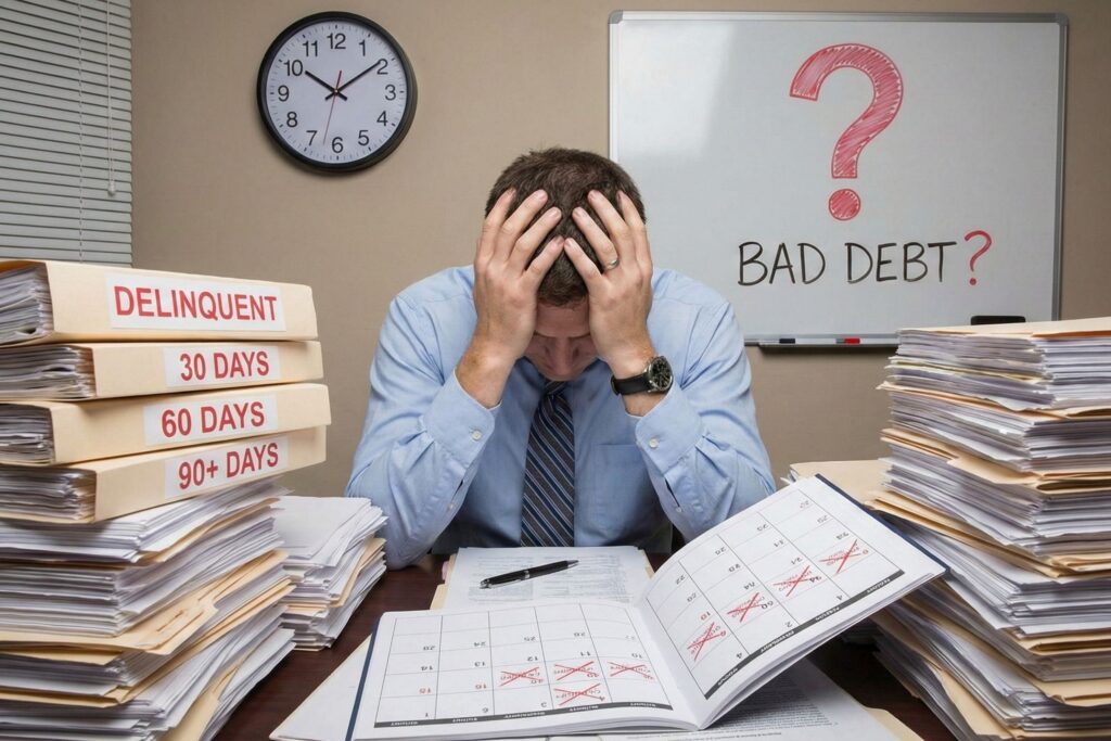 Stressed property manager overwhelmed by piles of delinquent account files and bad debt.