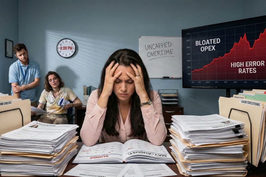 Stressed property management staff overwhelmed by manual paperwork and lease applications.