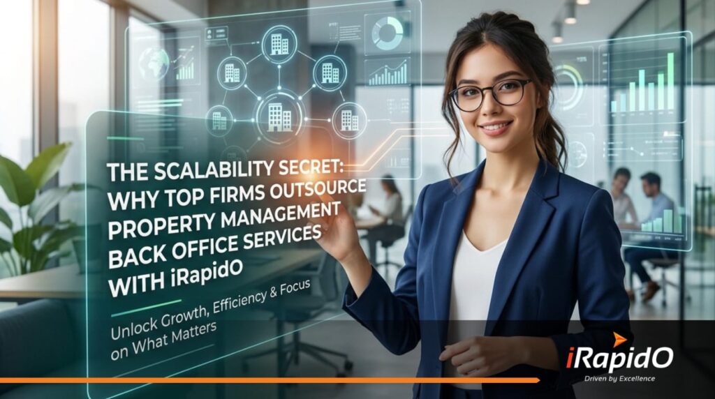 Professional woman with a futuristic digital interface highlighting outsourcing property management back-office services for business scalability with iRapidO.
