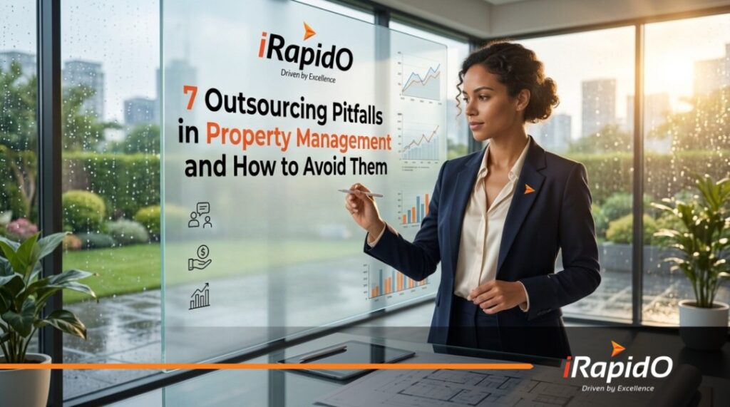 A professional female executive reviewing property management data and growth charts on a digital interface.