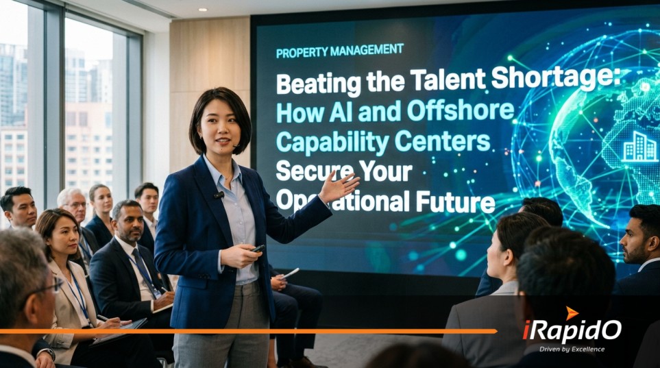 Professional presenting AI and Offshore Capability Center strategies to solve the talent shortage.