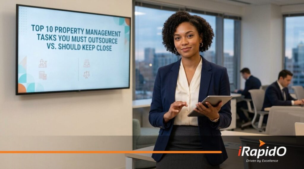 Professional woman holding a tablet standing in front of a presentation screen titled Top 10 Property Management Tasks You Must Outsource vs. Should Keep Close, with the iRapidO logo.