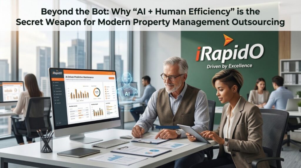 Two real estate executives collaborating on an AI-driven predictive maintenance dashboard, illustrating the AI + human efficiency outsourcing model by iRapidO.