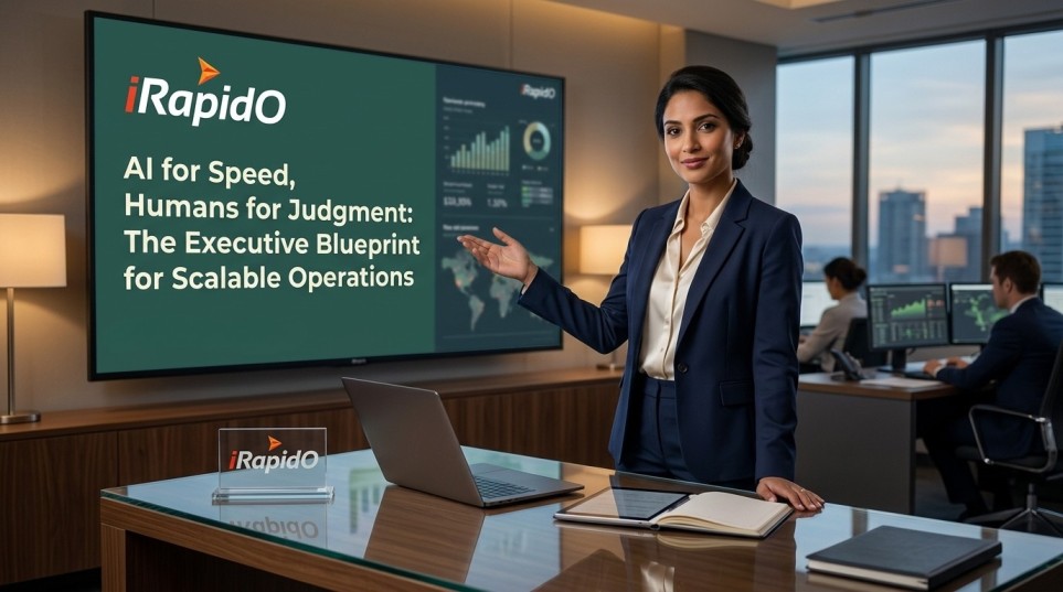 Female executive presenting the iRapidO blueprint for scalable operations, emphasizing AI for speed and humans for judgment in a modern corporate boardroom.