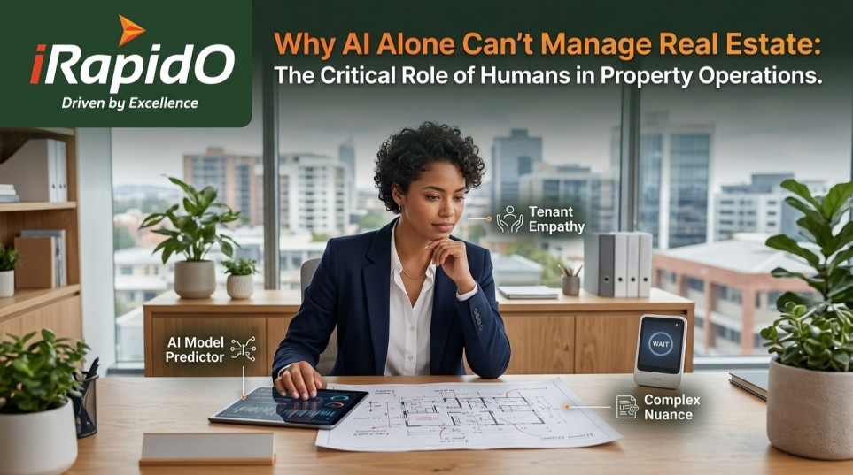 Female property management executive analyzing data on a tablet, representing the Human-in-the-Loop approach that combines AI predictors with human empathy for real estate operations.