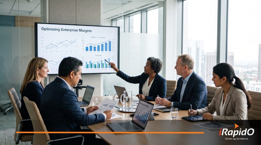 Corporate executives discussing back office accounting outsourcing strategies in a modern boardroom.