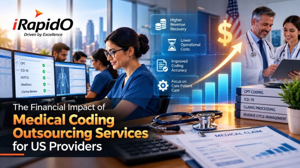 Healthcare executive analyzing financial data and revenue cycle metrics to optimize medical coding outsourcing services.