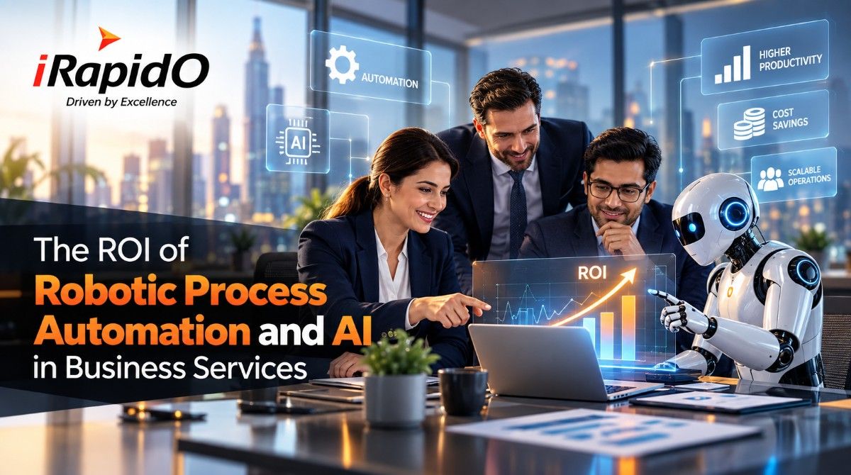 Corporate executives analyzing a digital dashboard showing the ROI of robotic process automation and AI in business services.
